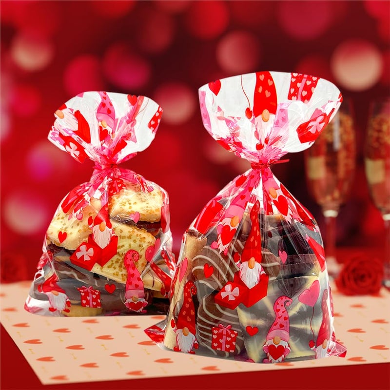 BASHOUT 100-Piece Valentine's Day Cellophane Treat Bags | Red & Pink Gnome Candy Bags with Twist Ties | 9 x 6 Inches - Image 3