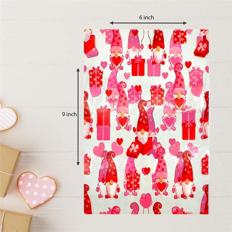 BASHOUT 100-Piece Valentine's Day Cellophane Treat Bags | Red & Pink Gnome Candy Bags with Twist Ties | 9 x 6 Inches - Image 5