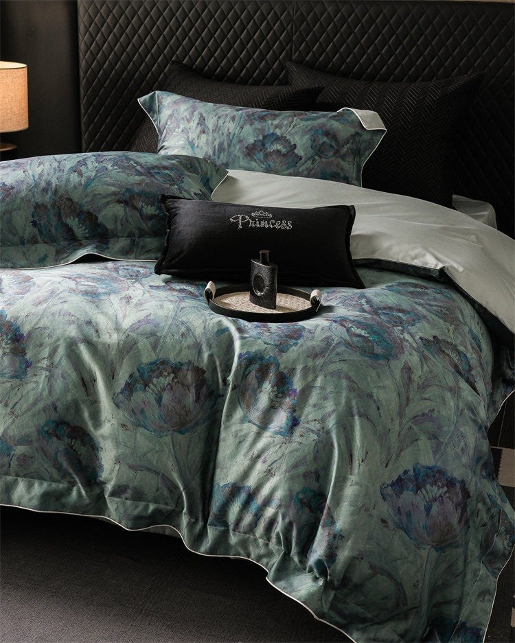 Premium Vintage Style 100S Long-Staple Cotton Bedding Set - All-Season Green Floral Pattern - Image 2