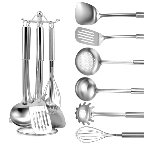 Gymdin Stainless Steel Kitchen Cooking Utensils Set of 7 - Kitchen Utensils with Hanging Rack, Spatula, Slotted Turner, Soup Ladle, Slotted Spoon, Whisk, Pasta Server, Holder, Dishwasher Safe - Image 1
