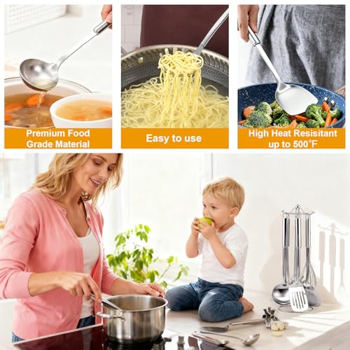 Gymdin Stainless Steel Kitchen Cooking Utensils Set of 7 - Kitchen Utensils with Hanging Rack, Spatula, Slotted Turner, Soup Ladle, Slotted Spoon, Whisk, Pasta Server, Holder, Dishwasher Safe - Image 5