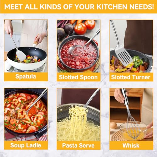 Gymdin Stainless Steel Kitchen Cooking Utensils Set of 7 - Kitchen Utensils with Hanging Rack, Spatula, Slotted Turner, Soup Ladle, Slotted Spoon, Whisk, Pasta Server, Holder, Dishwasher Safe - Image 4