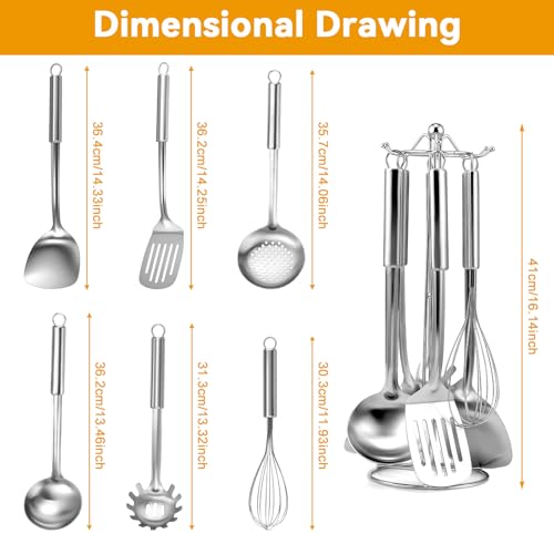 Gymdin Stainless Steel Kitchen Cooking Utensils Set of 7 - Kitchen Utensils with Hanging Rack, Spatula, Slotted Turner, Soup Ladle, Slotted Spoon, Whisk, Pasta Server, Holder, Dishwasher Safe - Image 2