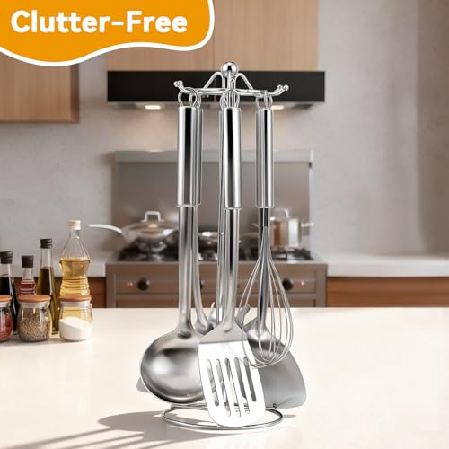 Gymdin Stainless Steel Kitchen Cooking Utensils Set of 7 - Kitchen Utensils with Hanging Rack, Spatula, Slotted Turner, Soup Ladle, Slotted Spoon, Whisk, Pasta Server, Holder, Dishwasher Safe - Image 3