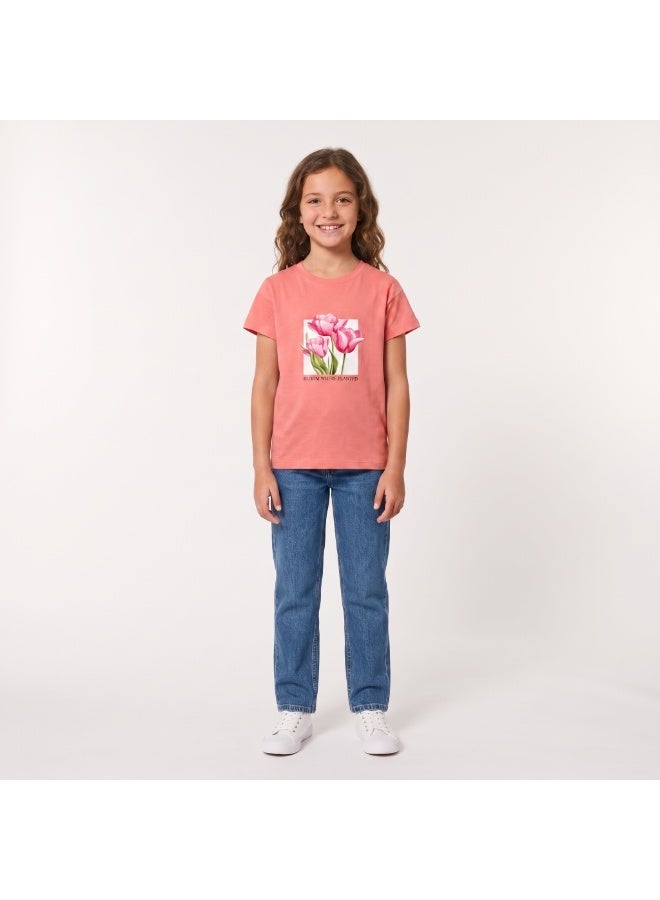 Andora Regular Fit Slip On Printed Girls T-Shirt - Coral Pink - Image 1