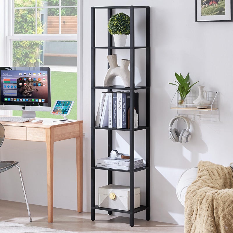 YUFAM 66in Tall Bookshelf 6-Tier Small Narrow Bookcase, Skinny Book Shelf for Small Space, Farmhouse Slim Shelf with Storage, Wood Freestanding Display Thin Bookshelves for Living Room, Office, Black - Image 1