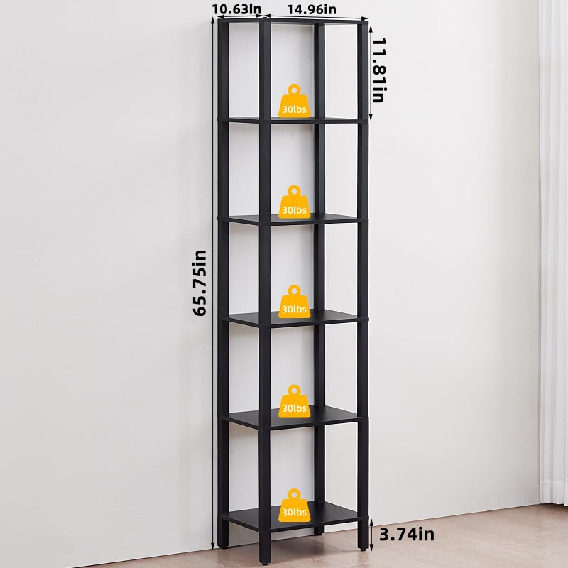 YUFAM 66in Tall Bookshelf 6-Tier Small Narrow Bookcase, Skinny Book Shelf for Small Space, Farmhouse Slim Shelf with Storage, Wood Freestanding Display Thin Bookshelves for Living Room, Office, Black - Image 2