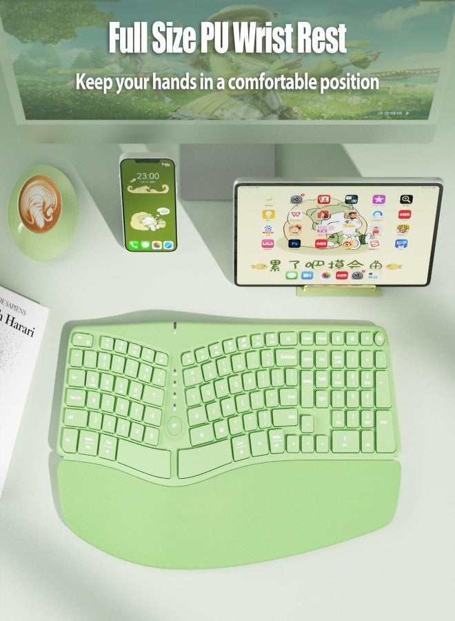 TISHLED Bow Split Ergonomic Keyboard Wireless with Cushioned Wrist & Palm Rest, Wireless 2.4G/Bluetooth/Wired USB-C, Comfortable Natural Typing, Compatible with Windows/Mac/PC/Laptop, Matcha Green - Image 3