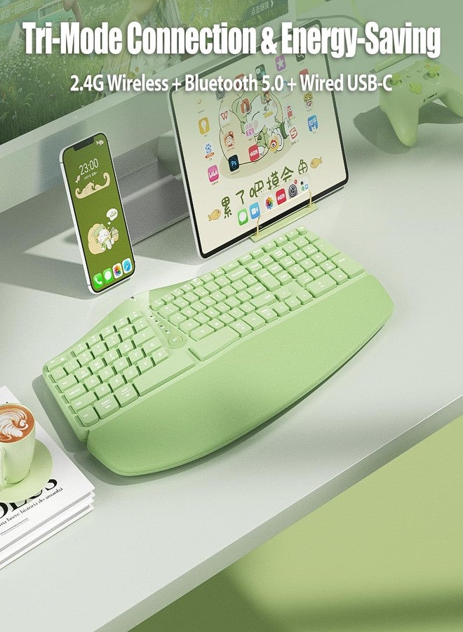 TISHLED Bow Split Ergonomic Keyboard Wireless with Cushioned Wrist & Palm Rest, Wireless 2.4G/Bluetooth/Wired USB-C, Comfortable Natural Typing, Compatible with Windows/Mac/PC/Laptop, Matcha Green - Image 4