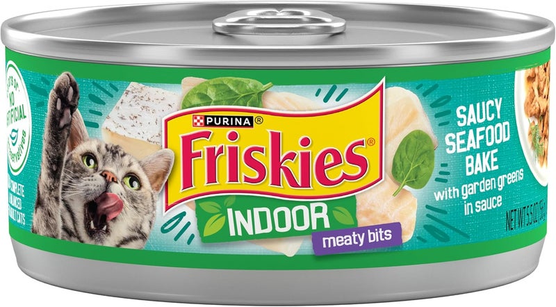 Friskies Purina Friskies Indoor Cat Food Meaty Bits Saucy Seafood Bake with Garden Greens in Sauce - Pack of 24 (5.5 oz. Cans) - Image 1