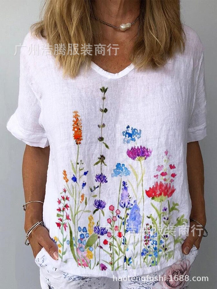 Europe and the United States wish summer new ladies fashion daisy flower print round neck short-sleeved cotton and linen T-shirt daisy XXXL - Image 4