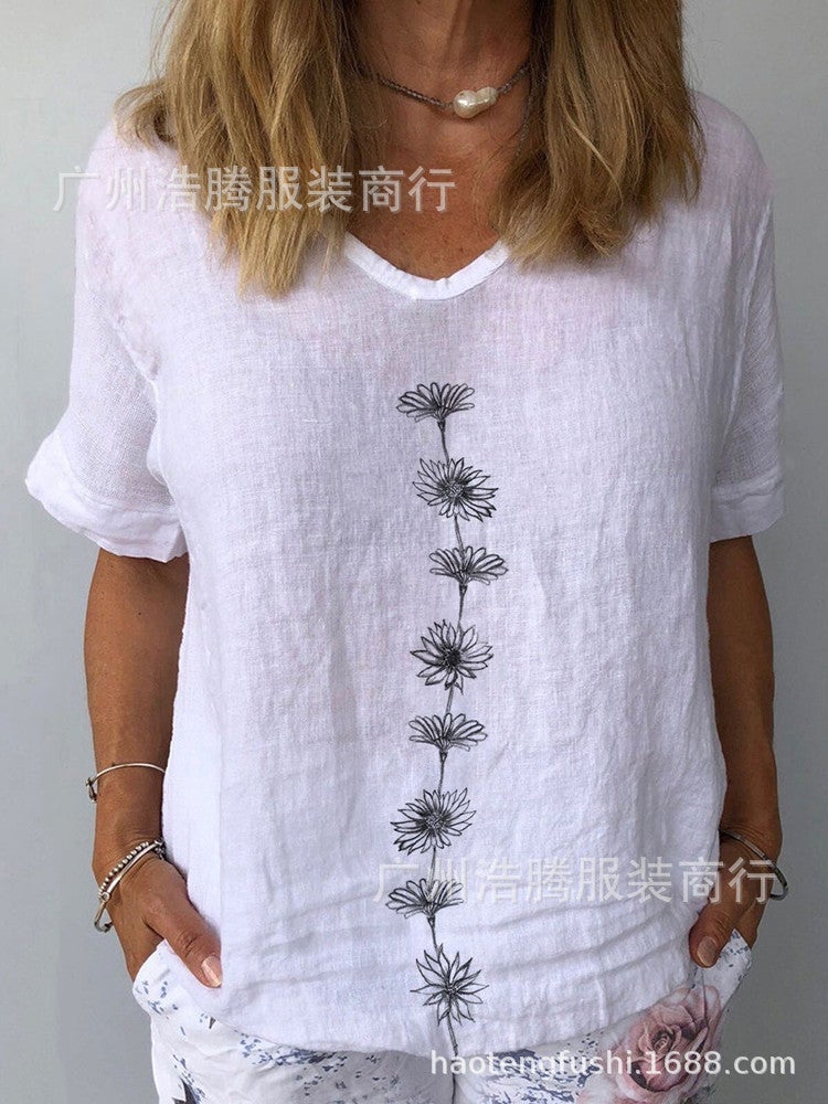 Europe and the United States wish summer new ladies fashion daisy flower print round neck short-sleeved cotton and linen T-shirt daisy XXXL - Image 1