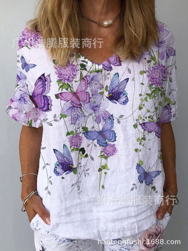 Europe and the United States wish summer new ladies fashion daisy flower print round neck short-sleeved cotton and linen T-shirt daisy XXXL - Image 3