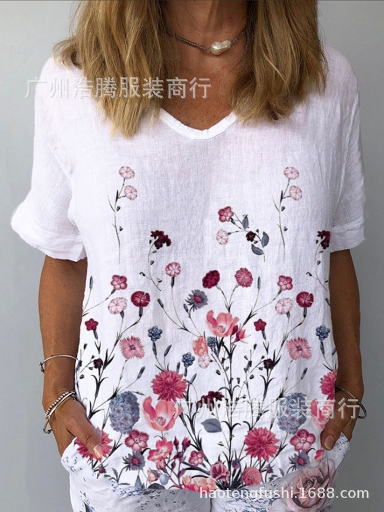 Europe and the United States wish summer new ladies fashion daisy flower print round neck short-sleeved cotton and linen T-shirt daisy XXXL - Image 5