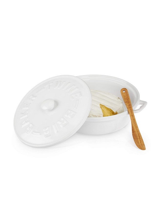 Twine Ceramic Brie Baker with Acacia Wood Spreader, Brie Baking Dish with Lid, Brie Cheese Baking Dish, Ceramic Bakeware, White, Set of 1 - Image 1