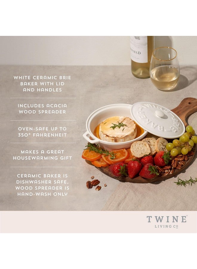 Twine Ceramic Brie Baker with Acacia Wood Spreader, Brie Baking Dish with Lid, Brie Cheese Baking Dish, Ceramic Bakeware, White, Set of 1 - Image 2