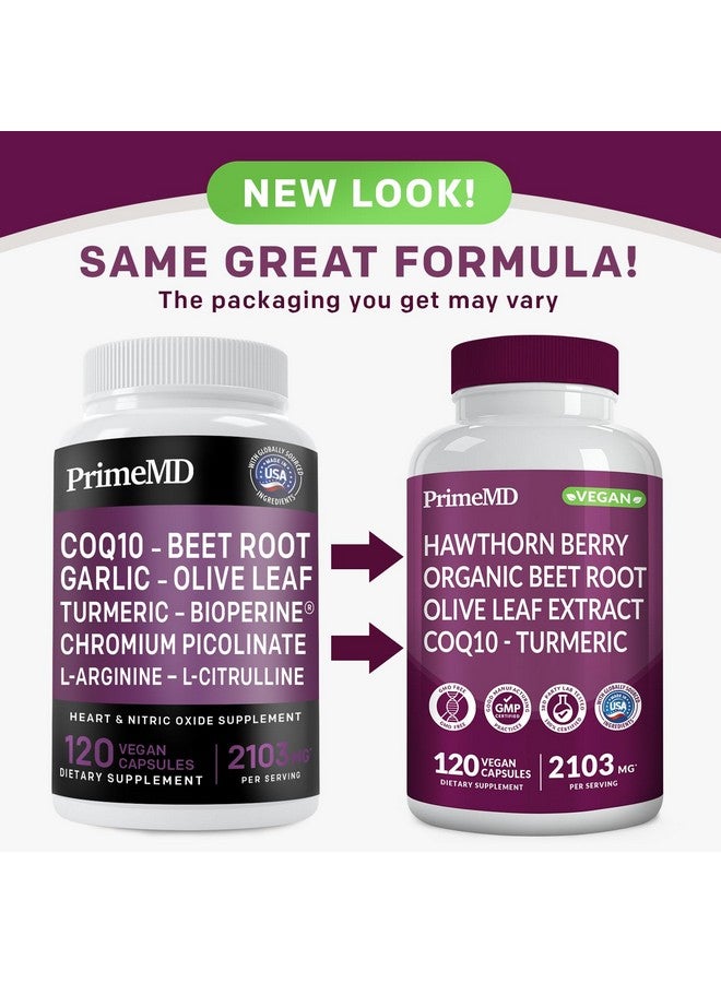 PrimeMD 26-in-1 Nitric Oxide Supplement - Blood Pressure Supplements for Heart Health with Coq 10, Organic Beet Root Capsules with Hawthorn Berry and Garlic, 2103mg Per Serving (120 ct, 2 Pack) - Image 3