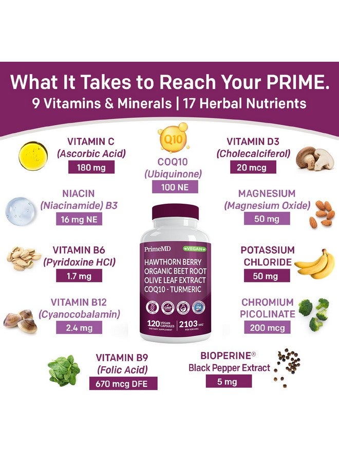PrimeMD 26-in-1 Nitric Oxide Supplement - Blood Pressure Supplements for Heart Health with Coq 10, Organic Beet Root Capsules with Hawthorn Berry and Garlic, 2103mg Per Serving (120 ct, 2 Pack) - Image 4
