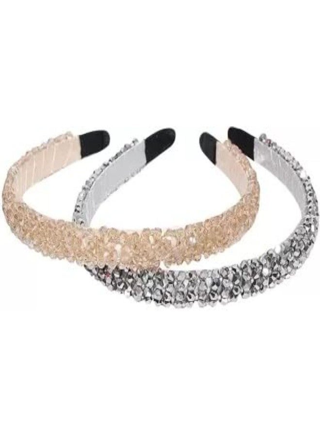 DN Creation مجموعة من قطعتين من عصابات الرأس الكريستالية غير القابلة للانزلاق والمزينة بالخرز، طوق شعر مرصع بأحجار الراين اللامعة للنساء والفتيات - ألوان متنوعة - Image 1