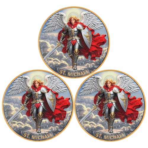 Leabet 3Pcs St Michael Psalm 911011 Challenge Coin SingleSided FullColor Angel Art with Dual 3D Engraved Zinc Alloy 157 Inch Religious Shield Sword Olive Branch DesignPack of 3 - Image 1