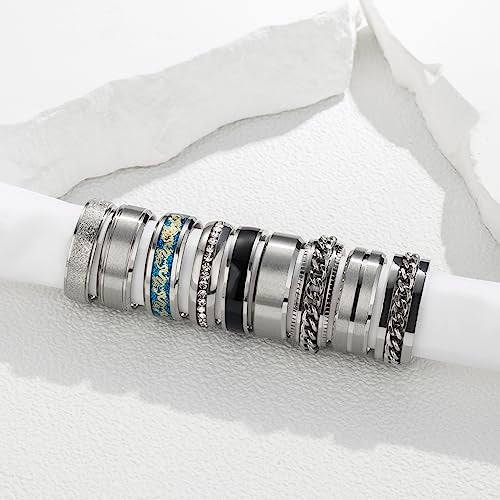 EIELO 9Pcs Stainless Steel Band Rings for Men Women Cool Fidget Spinning Chain Ring Anxiety Relief Fashion Simple Wedding Engagement Silvery Ring Set Size9 - Image 3