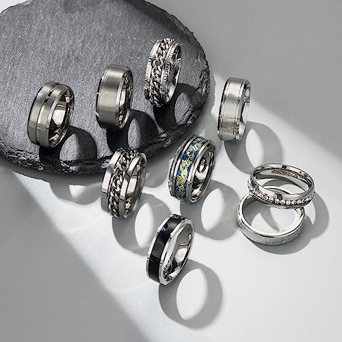 EIELO 9Pcs Stainless Steel Band Rings for Men Women Cool Fidget Spinning Chain Ring Anxiety Relief Fashion Simple Wedding Engagement Silvery Ring Set Size9 - Image 2