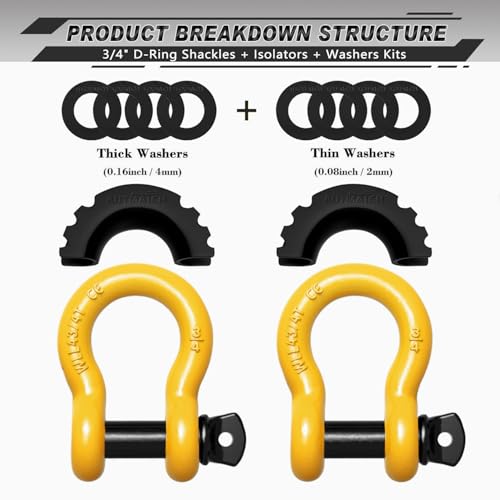 AUTMATCH D Ring Shackle 3/4" Shackles (2 Pack) 41,887Ibs Break Strength, Clevis Shackle with 7/8" Screw Pin and Shackle Isolator Washers Kit for Tow Strap Winch Off Road Vehicle Recovery, Yellow - Image 2
