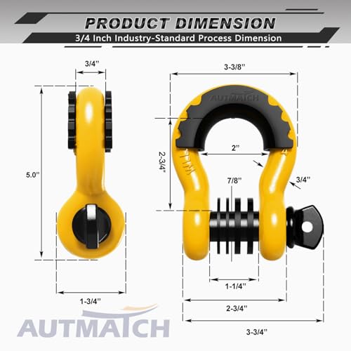 AUTMATCH D Ring Shackle 3/4" Shackles (2 Pack) 41,887Ibs Break Strength, Clevis Shackle with 7/8" Screw Pin and Shackle Isolator Washers Kit for Tow Strap Winch Off Road Vehicle Recovery, Yellow - Image 3