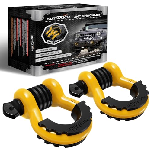 AUTMATCH D Ring Shackle 3/4" Shackles (2 Pack) 41,887Ibs Break Strength, Clevis Shackle with 7/8" Screw Pin and Shackle Isolator Washers Kit for Tow Strap Winch Off Road Vehicle Recovery, Yellow - Image 1