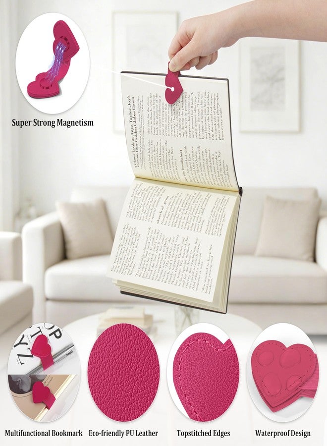TESAFNG 2Pcs Magnetic Leather Heart Bookmarks with Pen Holder, Cute Book Markers Clip with Gift Box, Reading Accessories for Book Lovers Women Teachers Students, Rose Red - Image 3