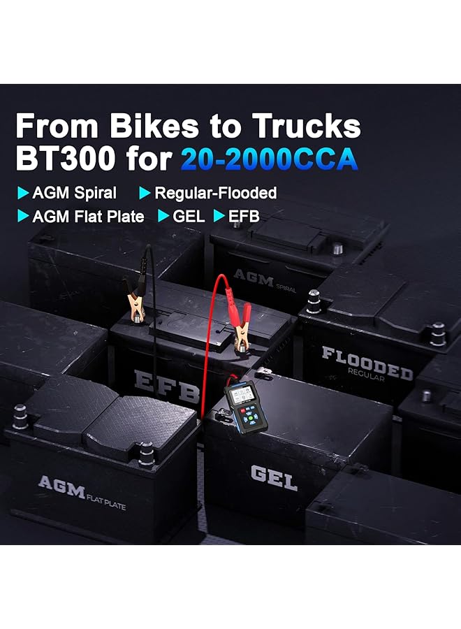 Bt300 Battery Load Tester - 12V/24V Automotive Battery  Alternator Tester | 20-2000 Cca Diagnostic Tool For Cars, Trucks, Rvs | Digital Battery Analyzer For Voltage, Cold Cranking Amps - Image 2