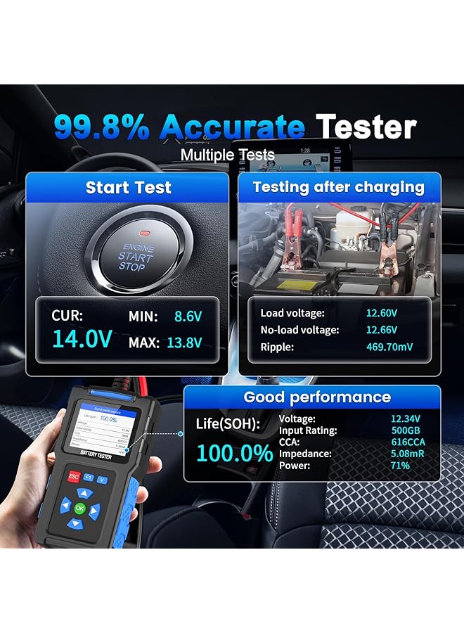 Bt300 Battery Load Tester - 12V/24V Automotive Battery  Alternator Tester | 20-2000 Cca Diagnostic Tool For Cars, Trucks, Rvs | Digital Battery Analyzer For Voltage, Cold Cranking Amps - Image 3
