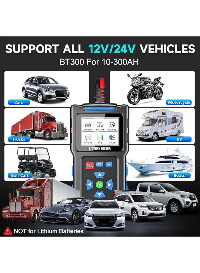 Bt300 Battery Load Tester - 12V/24V Automotive Battery  Alternator Tester | 20-2000 Cca Diagnostic Tool For Cars, Trucks, Rvs | Digital Battery Analyzer For Voltage, Cold Cranking Amps - Image 4