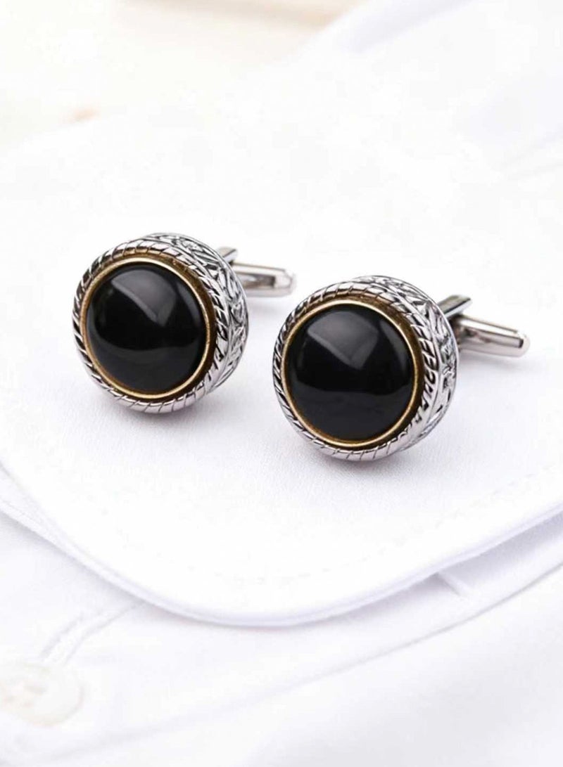 DB Innov. Cufflinks, Black Silver Frame Round Cufflinks, 2 PCS for One Set Premium Copper Jewelry Specially Design for Men's Shirt Wedding Business Gift with Delicate Package Box. - Image 1