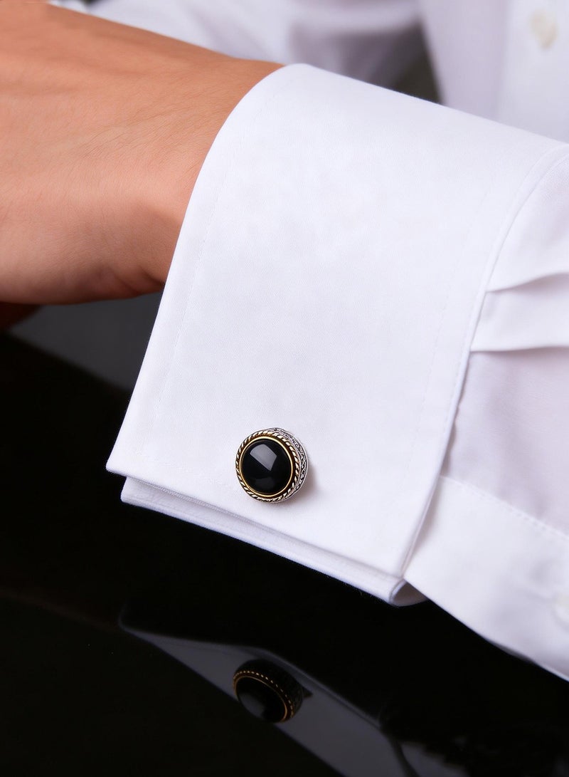 DB Innov. Cufflinks, Black Silver Frame Round Cufflinks, 2 PCS for One Set Premium Copper Jewelry Specially Design for Men's Shirt Wedding Business Gift with Delicate Package Box. - Image 2