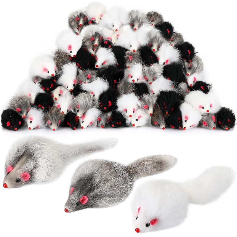 Hungdao 60 Pcs Furry Mice Interactive Catch Play Rabbit Fur Mouse Rattle Sound Rat Plush for PET Cats and Kittens 3 ColorsWhite Black Gray - Image 2