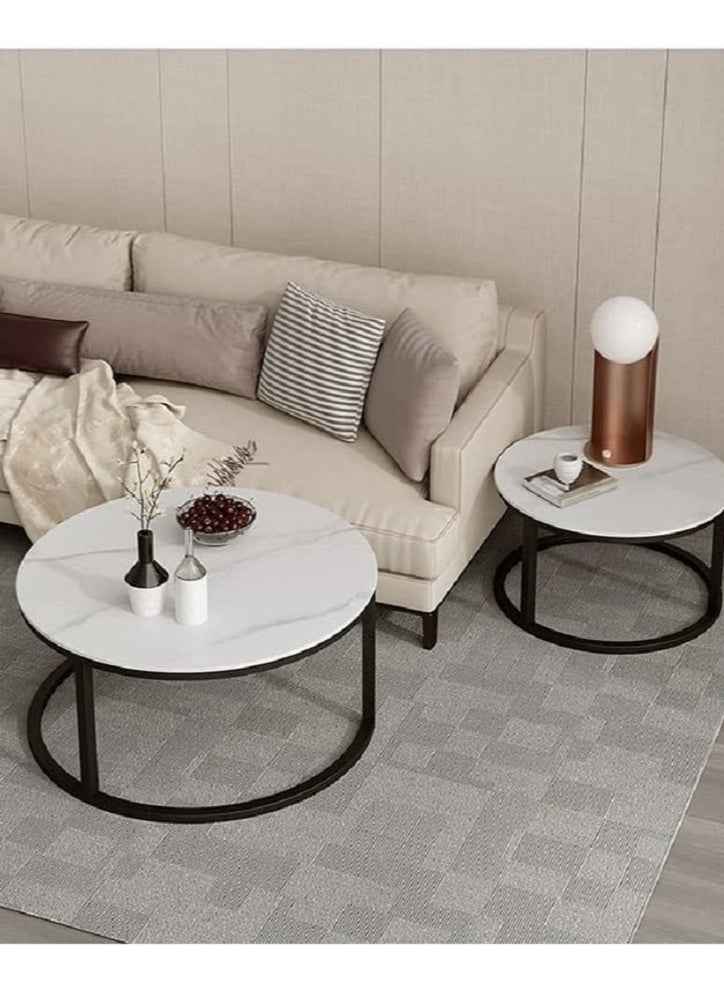 AGD Modern Nesting Round Coffee Table Set of 2 Pieces for Living Room Balcony Garden Etc, Round Coffee Table with Solid Metal Frame Black/White  - Image 2