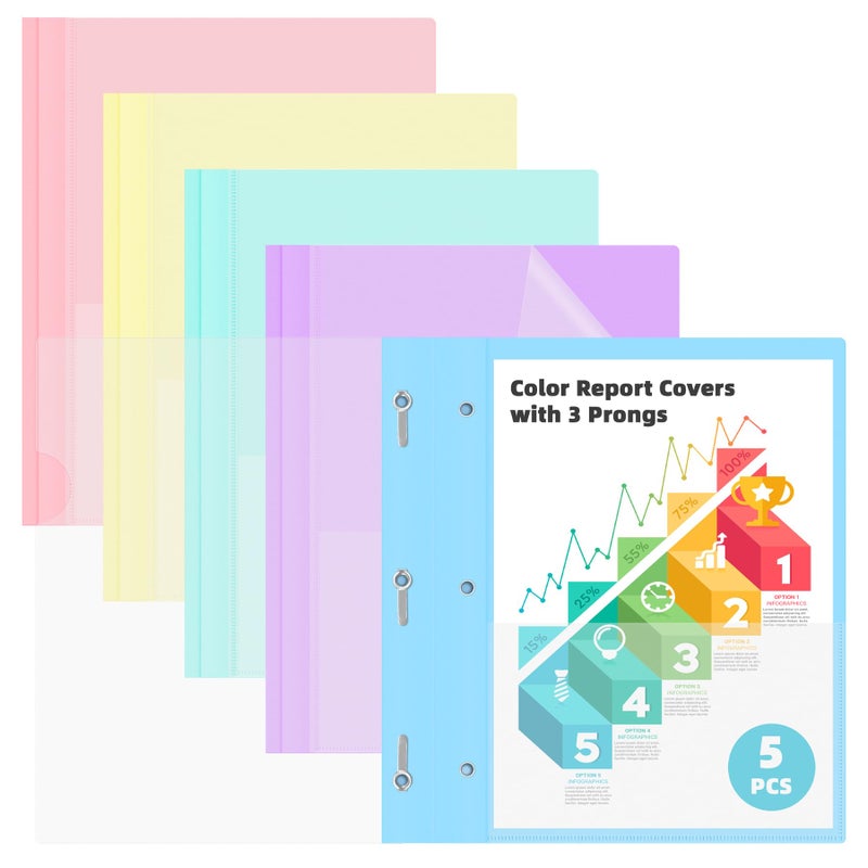 HAUTOCO 5 Pack Plastic Report Covers with 3 Prongs Fasteners Clear Front Resume Portfolio Folder for 8.5x11 Letter Size Paper, Presentation Document Report Cover for School Office Business, 5 Colors - Image 1