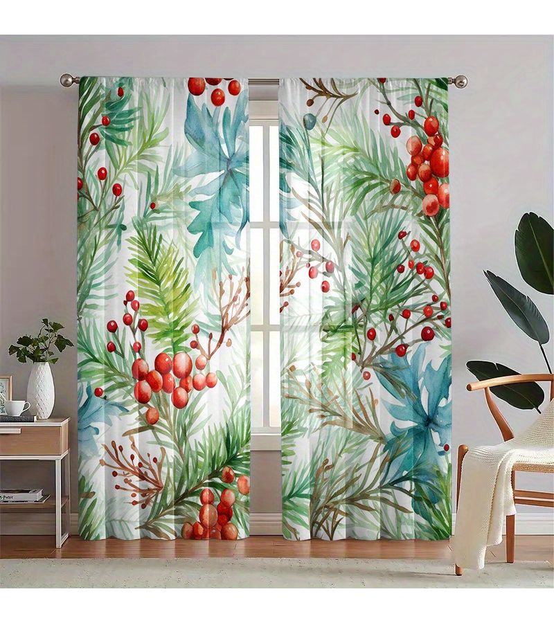 2pcs Winter Pine Cone And Red Fruit Decorative Printed Curtains Vibrant Natural Design Blackout Polyester Fabric Rod Pocket Modern Style For Bedroom Bathroom Living Room Dining Room Study Office Multi Color 39x78 Inches - Image 2