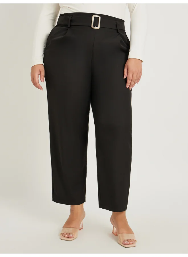 Styli Styli Plus Size Solid High Rise Pleated Tapered Fit Pants with Belted Waist
