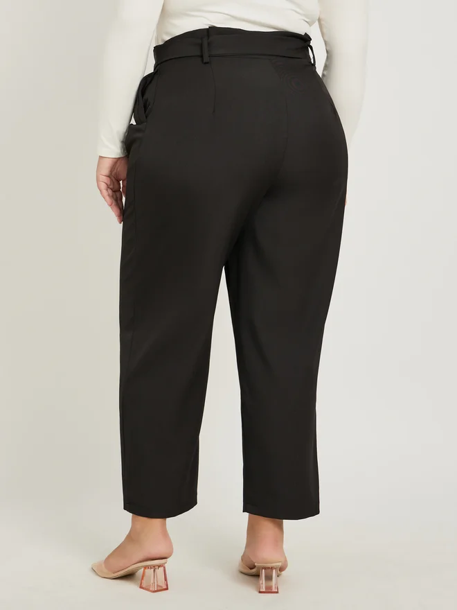 Styli Plus Size Solid High Rise Pleated Tapered Fit Pants with Belted Waist