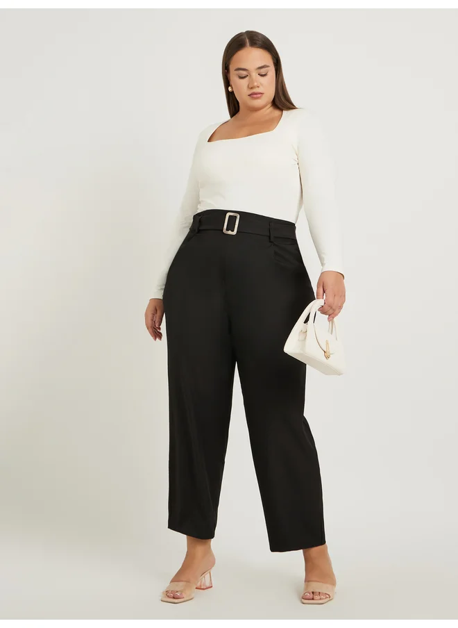 Styli Styli Plus Size Solid High Rise Pleated Tapered Fit Pants with Belted Waist
