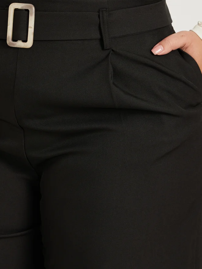 Styli Plus Size Solid High Rise Pleated Tapered Fit Pants with Belted Waist