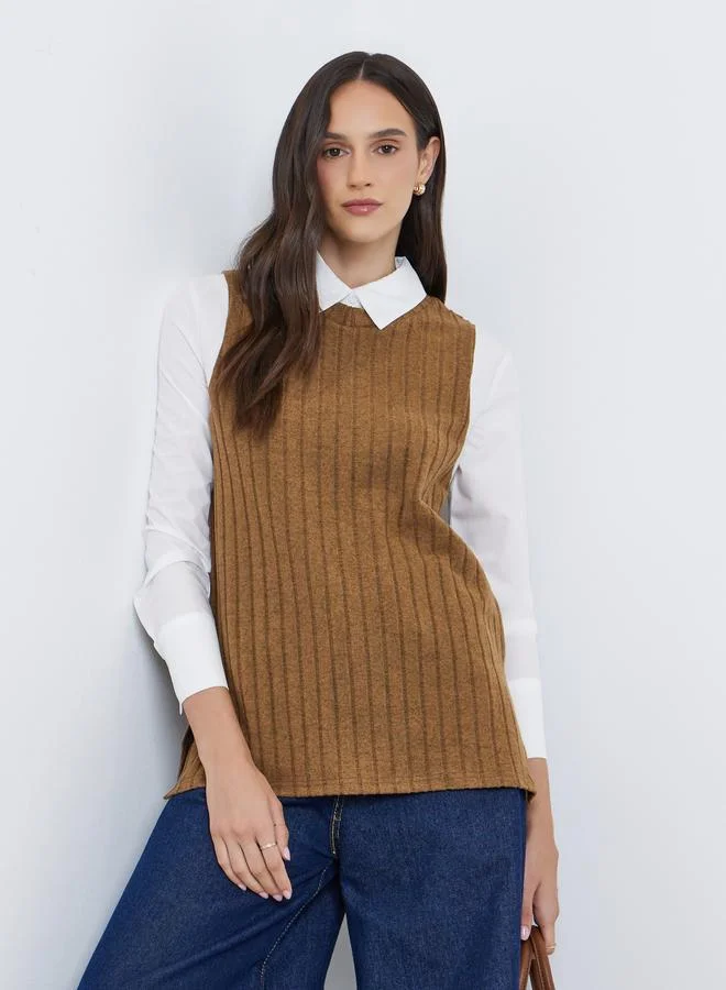 Styli Styli Women Brown Ribbed Overlay Shirt