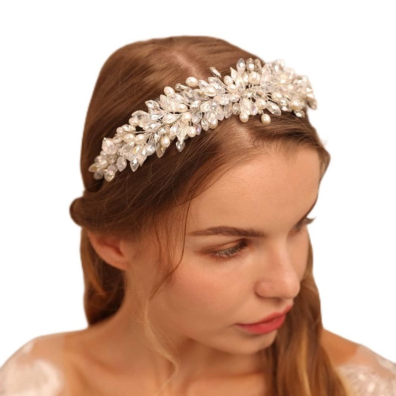 Jumwrit Rhinestone Tiara Headband Pearl Wedding Crown Crystal Leaf Headband Bridal Headpiece Handmade Wedding Hair Accessories for Women Brides Silver