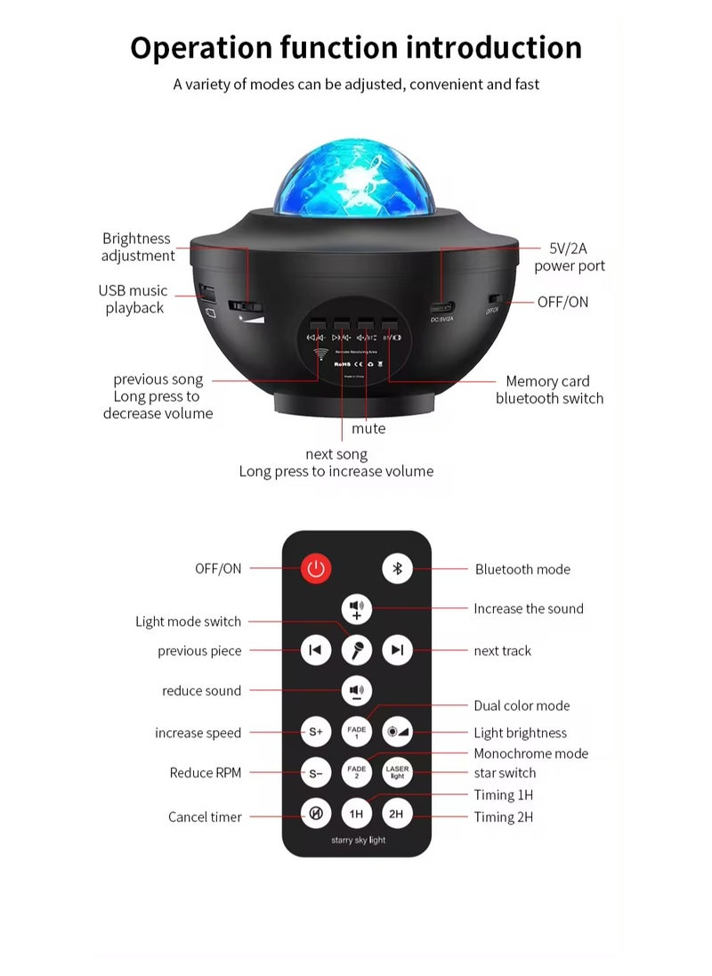 Type C 5V input Star Projector Galaxy projector OEM ODM Support Bluetooth speaker timer remote control white noise for Room Use