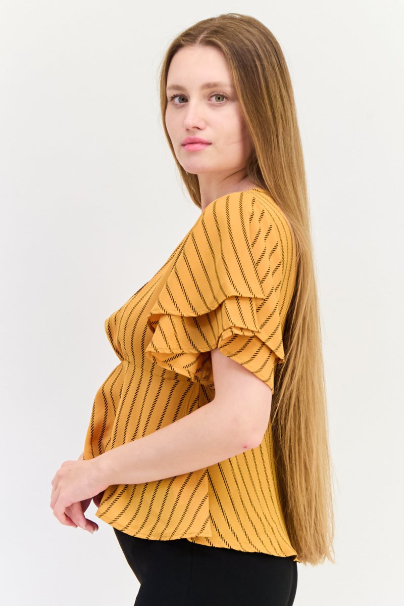 ONLY بلوزة نسائية بأكمام قصيرة وياقة دائرية، مخططة، متعددة الألوان - Image 3