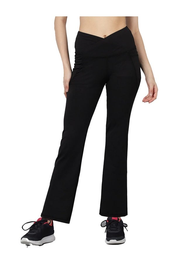 ROCK PAPER SCISSORS - Rock Paper Scissors Premium Flare Gym Pants High Waist Stretchable Flared Leggings with Pockets & Cross Belt Gym wear/Active Wear Tights Yoga Pants Zumba/Dance Womens Workout Tights Gym Tight Black - Image 1
