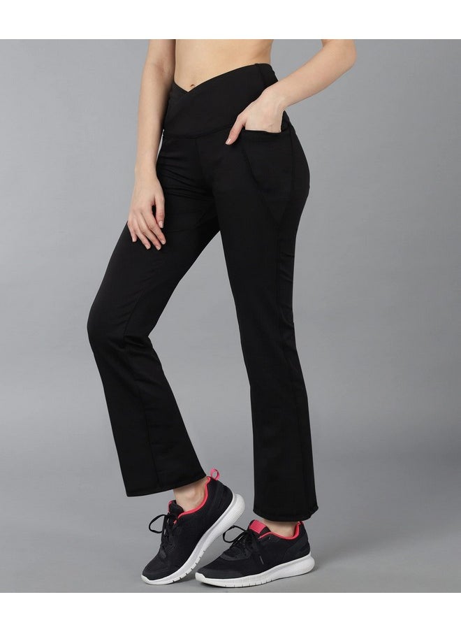 ROCK PAPER SCISSORS - Rock Paper Scissors Premium Flare Gym Pants High Waist Stretchable Flared Leggings with Pockets & Cross Belt Gym wear/Active Wear Tights Yoga Pants Zumba/Dance Womens Workout Tights Gym Tight Black - Image 1