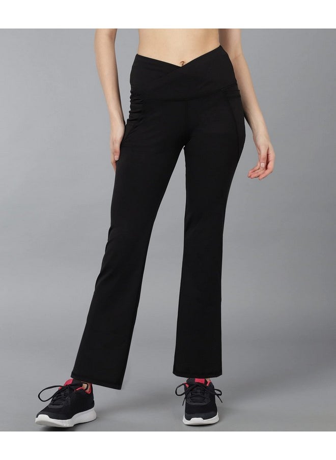 ROCK PAPER SCISSORS - Rock Paper Scissors Premium Flare Gym Pants High Waist Stretchable Flared Leggings with Pockets & Cross Belt Gym wear/Active Wear Tights Yoga Pants Zumba/Dance Womens Workout Tights Gym Tight Black - Image 1